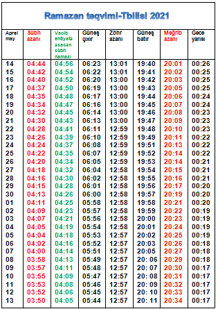 Gürcüstan üfüqi ilə mübarək Ramazan ayının təqvimi